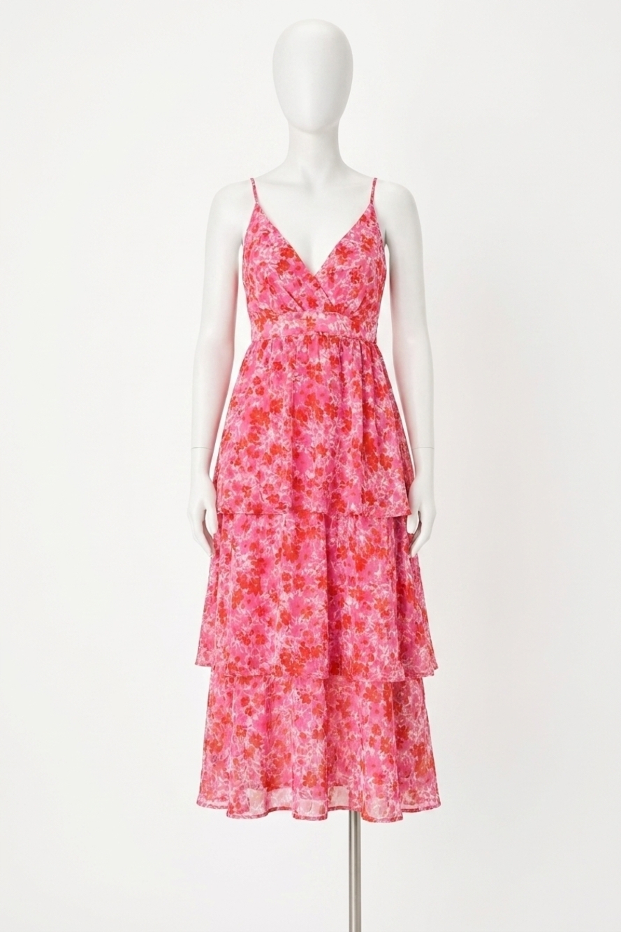 NEW LULUS women's adorable obsession print lurex tiered midi dress in pink